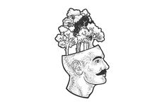 a drawing of a man's head with broccoli growing out of it