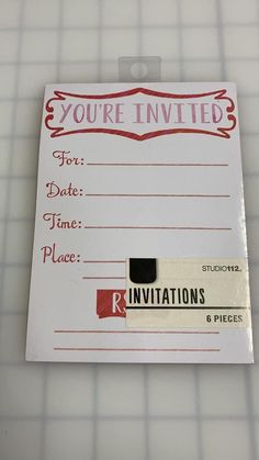 a piece of white paper with red and black writing on it that says, you're invited for date time place