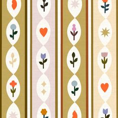 a striped wallpaper with flowers, hearts and leaves on the lines in different colors