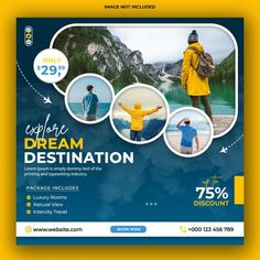 a blue and yellow flyer for a travel company with images of people in the background