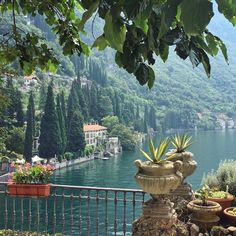 there are many potted plants on this balcony overlooking the lake and mountains in italy