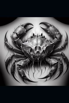 a black and white image of a scorpion tattoo on the back of a woman's body