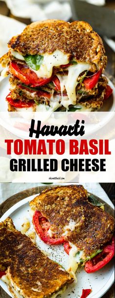 two grilled cheese sandwiches with tomato and basil on them