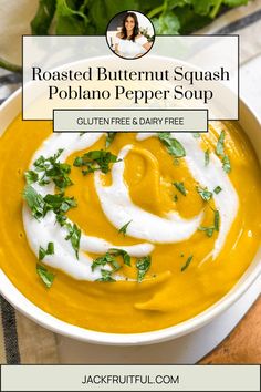 roasted butternut squash poblano pepper soup in a white bowl with parsley on top