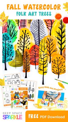 fall watercolor folk art trees with free printables for kids to color and paint