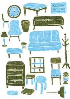 a drawing of blue furniture with a clock on the wall above it and other items