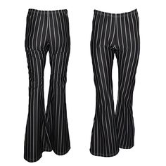 100% polyester pinstripe fabric. High quality and comfortable stretch elastic at waist. Made in the USA. Machine wash cold. Tumble dry low. Do not bleach. Striped Stretch Wide Leg Pants, Striped Wide Leg Stretch Pants, Striped Stretch Wide Leg Bottoms, Casual High Waist Pinstripe Pants, Striped Stretch Trousers, Stretch Striped Trousers, Trendy Fitted Pinstripe Pants, Stretch Wide Leg Bottoms With Vertical Stripes, Stretch Striped High-waisted Pants