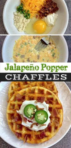 three pictures of different types of food on plates with the words jalapeno popper chaffles