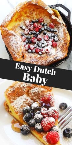 dutch baby pancakes with berries and powdered sugar