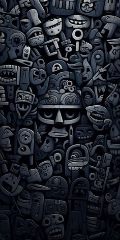 an abstract painting with many different faces and symbols on it's face, all in black