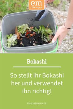 a person holding a knife over a container filled with dirt and vegetables, text reads bokashi so sell it in bokashi her und verwendelt innichg