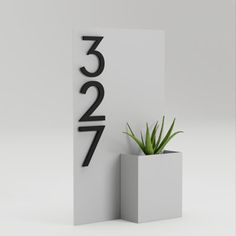 a plant in a white vase with the number twenty seven on it's side