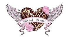 a heart shaped tattoo with wings and roses on the side, that says metal angel