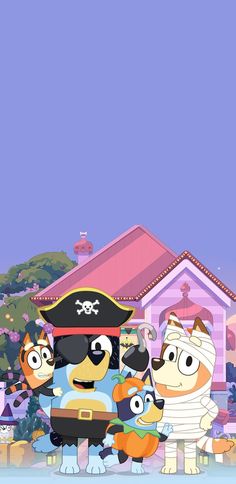 the cartoon characters are standing in front of a pink building with a pirate's hat on