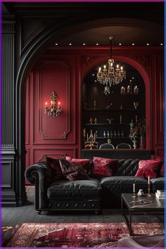 a living room filled with furniture and a chandelier