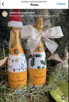 two bottles of champagne with bows on them