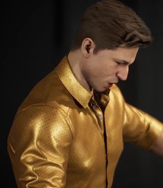 a man wearing a gold shirt and tie