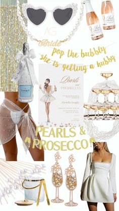 a collage of different items including pearls and champagne