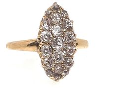 Marquise Ring This stunning Victorian-era ring features a beautiful marquise-shaped cluster of 19 old mine cut diamonds, set in 18ct yellow gold. The ring is an antique design from the 1800s and is in excellent condition for its age.  Perfect for special occasions like engagements, weddings, anniversaries, or as a gift for Mother's Day, Christmas, birthdays, or Valentine's Day, this antique elegance themed ring is sure to impress.  The total carat weight of the diamonds is approximately 0.96cts, Antique Diamond Cluster Ring, Antique Jewelry Rings, Marquise Ring, Antique Design, Antique Diamond, Diamond Cluster Ring, Multi Stone Ring, Diamond Cluster, Antique Jewellery