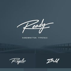 the logo for ready handwriting typeface is shown in three different colors and font styles