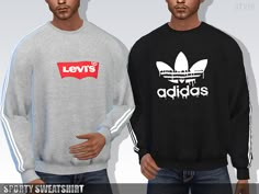 two men wearing adidas sweaters with the same logo on them, both in different colors