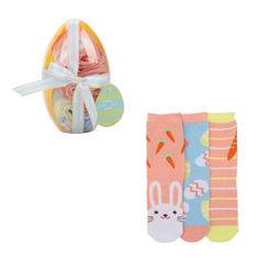 Add a pop of festive cheer to your young one's wardrobe with the Youth Easter Themed Crew Socks 3-Pack from Bioworld. Perfect for spring celebrations, these socks are adorned with playful designs featuring the Easter bunny, cheerful carrots, and colorful Easter eggs.

- Material: 92% Polyester, 8% Spandex
- Size: Designed for youth
- Gender: Female
- Features: Scalloped cuff edges for added charm; machine washable

These socks offer a comfortable, flexible fit ideal for active kids, ensuring the Fun Multicolor Socks For Spring, Cute Multicolor Socks For Gifts, Fun Multicolor Spring Socks, Trendy Socks For Spring Gift, Trendy Spring Gift Socks, Trendy Spring Socks For Gift, Multicolor Socks For Summer Gifts, Multicolor Socks As Summer Gift, Playful Summer Socks For Gifts