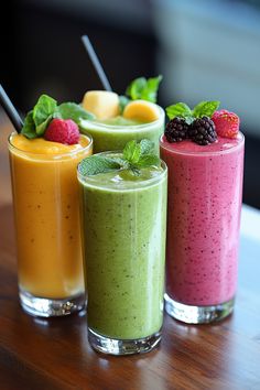 Four colorful smoothies garnished with fresh fruit and mint leaves in tall glasses on a wooden table. Smoothie Recipes For Diabetics, Smoothie Recipes For Breakfast, Recipes For Diabetics, Delicious Smoothie Recipes, Healthy Smoothie Recipes, Smoothie Recipes Healthy Breakfast, Nutritious Smoothies, Yummy Smoothie Recipes, Post Workout Snacks