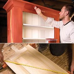 a man is working on an old bookcase with wood and tape measure the width