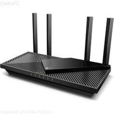 the router is black and has four antennas on it's back end,