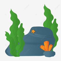 an illustration of a blue hat with seaweed and starfish on it, under the water, underwater, cartoon png and psd