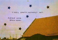 an old photo with words written on the roof and stars in the sky above it