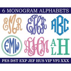 six monogram alphabets with different font styles