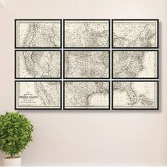 six maps of the united states hanging on a wall in a living room with a potted plant