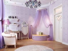 a bedroom with purple walls and curtains on the windowsill, a chandelier hanging from the ceiling