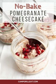 no - bake pomegranate cheesecake in a jar with a spoon