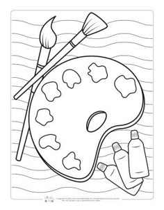 a coloring page with paint and brushes on it