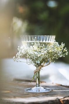 a glass filled with flowers sitting on top of a wooden table next to a tree