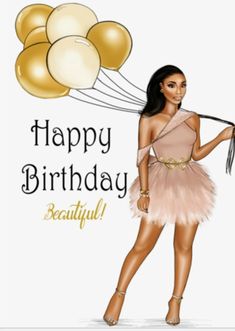 a woman in a pink dress holding some balloons with the words happy birthday beautiful on it