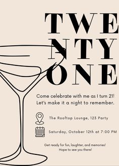 a party flyer for two twenty one with a martini glass on the front and side