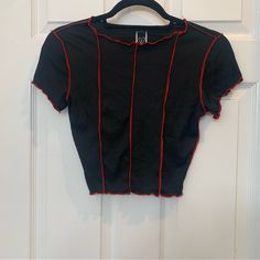 Windsor Black And Red Striped Ruffle Sleeved Crop Top T-Shirt Size S New Without Tags Nwot Edgy Red Top For Night Out, Edgy Red Summer Tops, Edgy Red Summer Top, Red Stretch Edgy Top, Red Crew Neck Tops For Night Out, Fitted Red Top In Edgy Style, Edgy Red Short Sleeve Top, Red Fitted Top For Night Out, Patchwork Crop Top