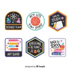 four stickers with different types of school related items