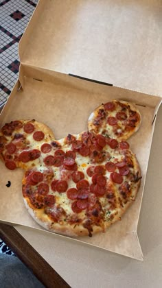 a mickey mouse shaped pizza in a box