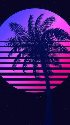 a palm tree in front of a purple and blue background with the sun behind it