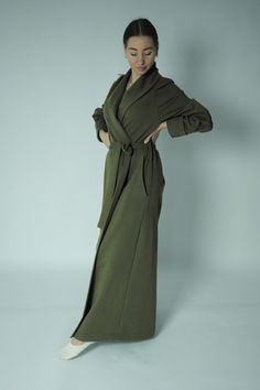 "Beautiful, well made robe that is so soft and luxurious.  With large pockets and long sleeves. Made of very soft and pleasant to the body jersey. On the wrong side has a down. It is really warm and cozy. It absorbs moisture well and dries quickly. Perfect gift for your loved ones. - 95% organic cotton, 5% elastan . Knitwear has certificates GOTS and Oeko-Tex. - 100% Handmade, cut and sewn with all care and on good equipment to order in our studio. - Standard length robe 56\" / 142cm (but if you need shorter or longer, please write in the personalization).  - Standard sleeve length with turned-up cuff from neck +- : S - 30,5\"/ 77,5cm, M - 30,7\"/ 78cm, L - 31\"/ 79cm, XL - 31,5\"/ 80cm (but if you need shorter or longer, please write in the personalization). The right side of the robe goe Long Green Cotton Outerwear, Long Sleeve Green Robe For Fall, Green Cotton Outerwear For Daywear, Green Sleep Robe, Long Cotton Robe For Fall, Green Long Cotton Kimono, Green Wrap Kimono For Loungewear, Green Dressing, Floor Length Robe