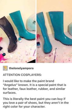 two pictures of blue rain boots and one with black shoes on it, the other has white