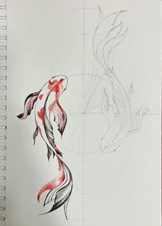 a drawing of a koi fish with red and black lines on it's body