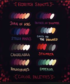 the names and colors of different types of paints on a black background with red hearts