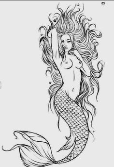 a black and white drawing of a mermaid with her hair blowing in the wind,