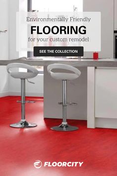 a red floor with two stools in it and the words, environmental friendly flooring for your custom remodel see the collection