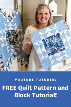 a woman holding up a blue and white quilt with the words, free quilt pattern and block